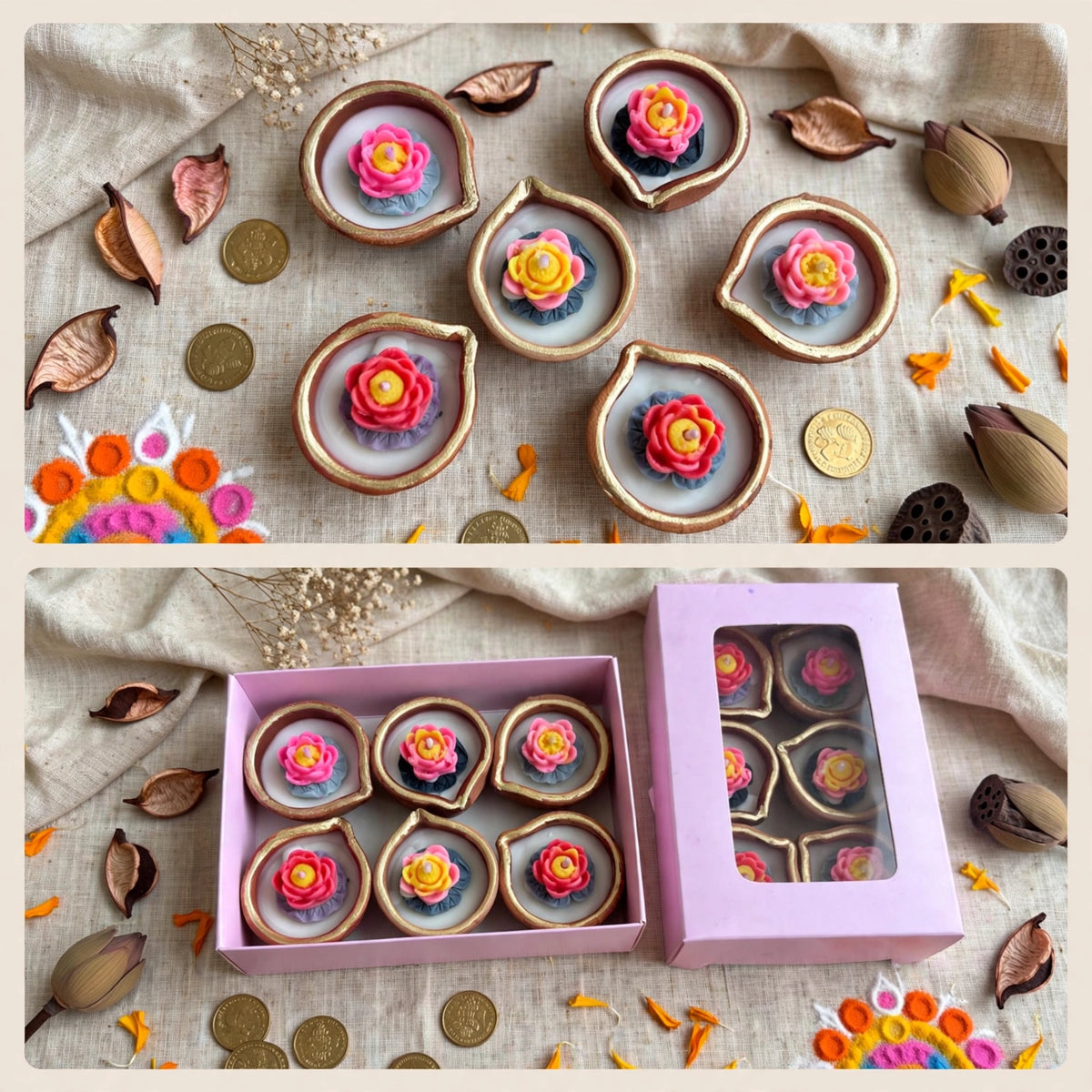 Lotus Diya Candles - Set of 6
